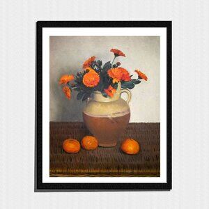Art Print, Orange Flowers and Fruit Still-Life Painting